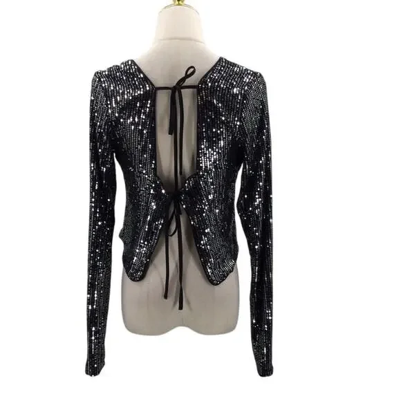 LULU'S SZ L Exquisite Glow Black and Silver Sequin Tie-Back Top Bouse NEW B86 - Picture 4 of 8